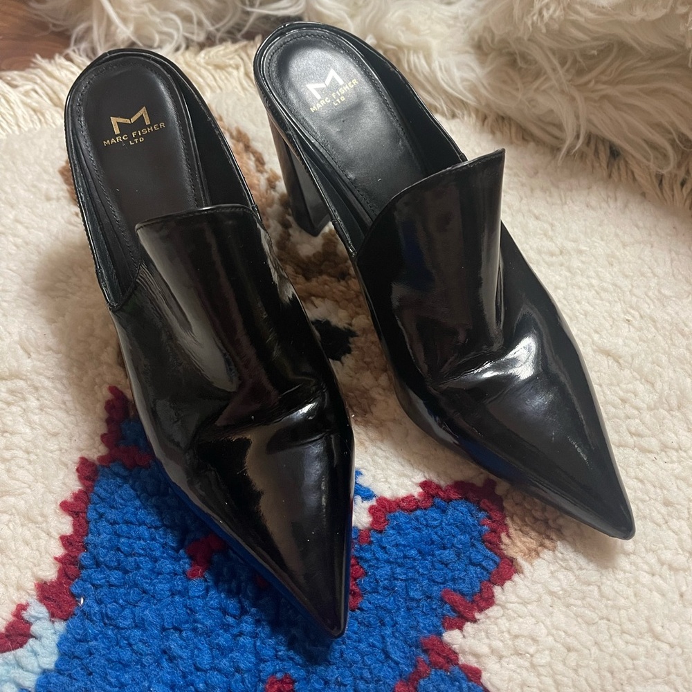 Marc Fisher Hilda Black Patent Leather Mules witchy corporate goth office siren